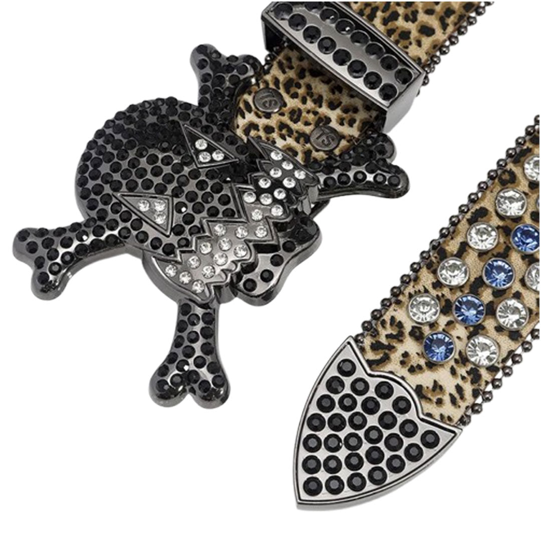 Gengar Metal Buckle Leopard Print Blue & Crystal Studded Rhinestone Belt