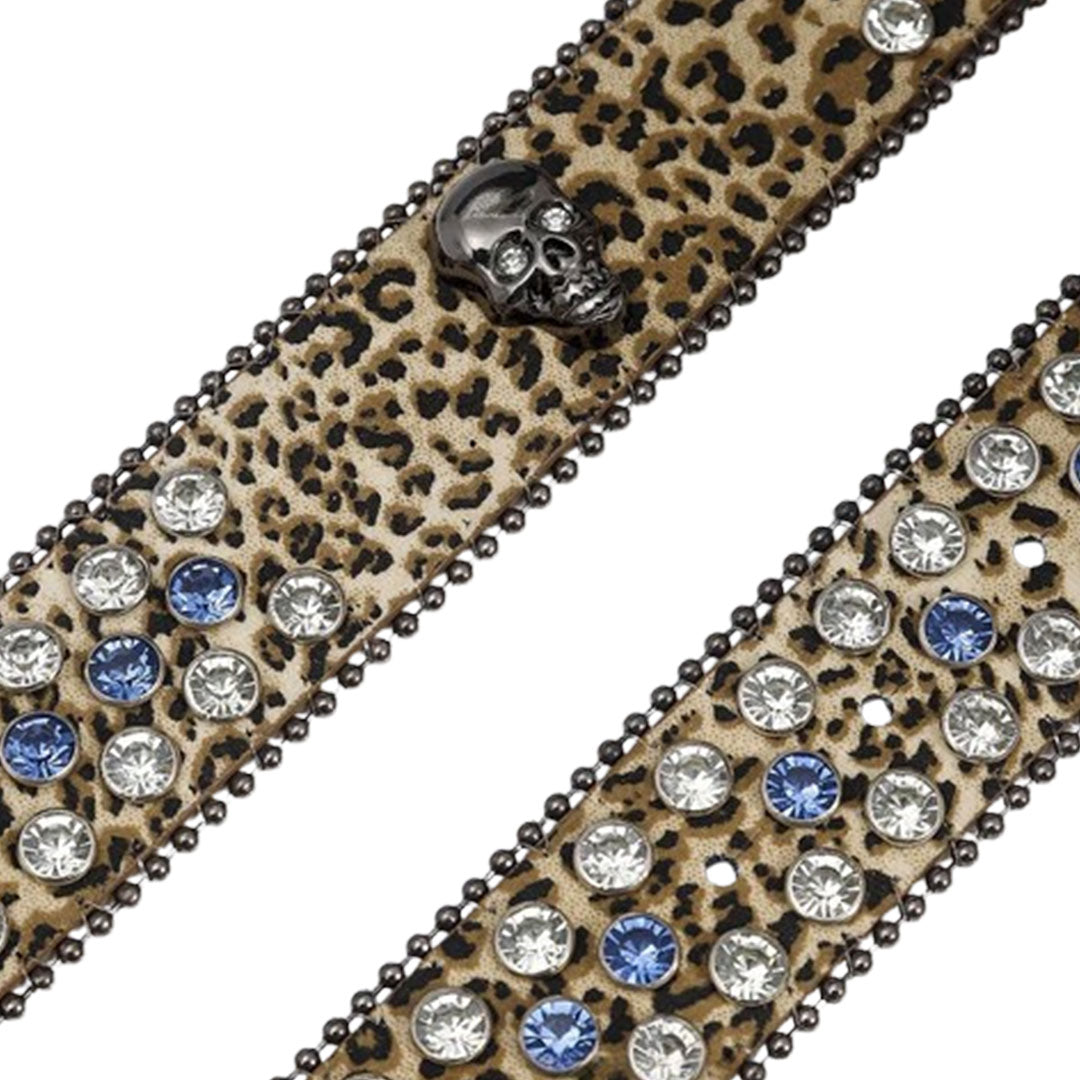 Gengar Metal Buckle Leopard Print Blue & Crystal Studded Rhinestone Belt