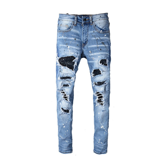 Men's Rhinestone Ripped Denim Jeans